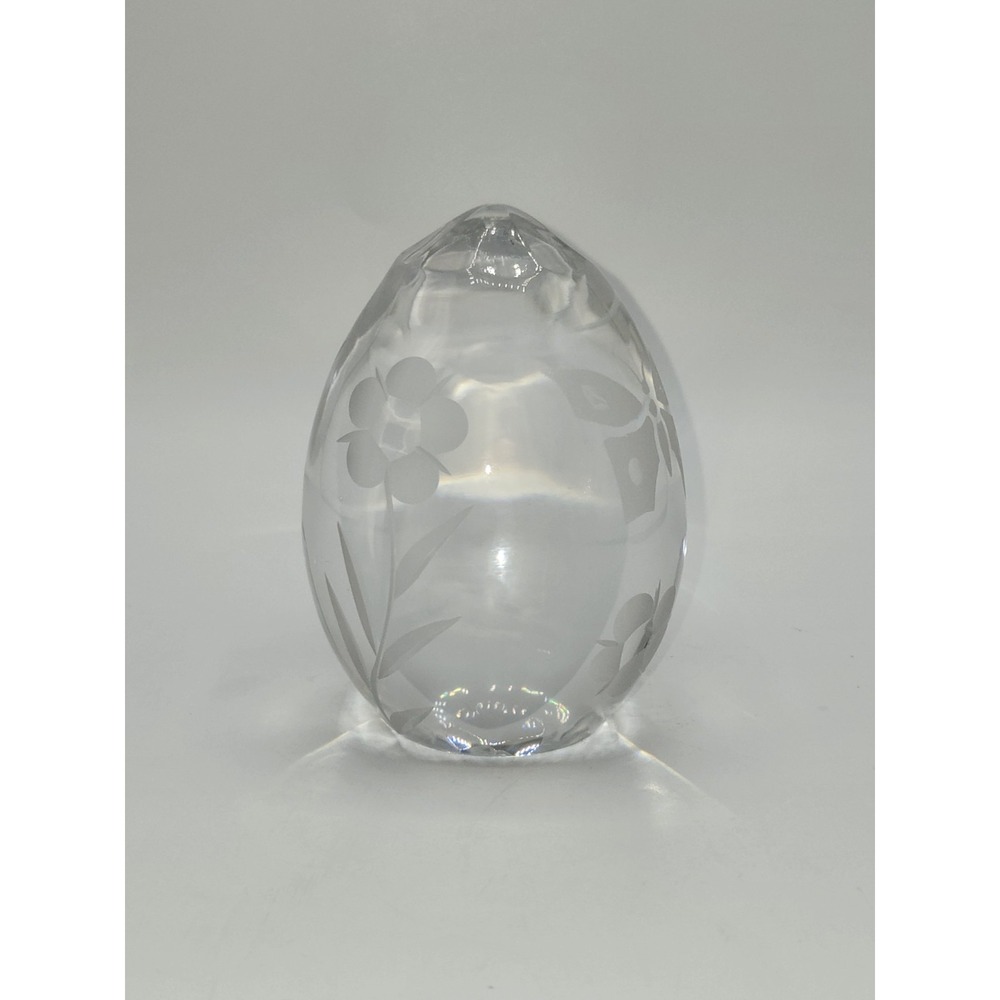 Vintage Crystal Egg Paperweight Frosted Floral Butterfly Etched Art Glass